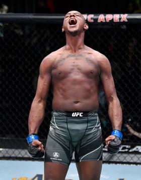 Jamahal Hill reacts after his knockout victory over Jimmy Crute of Australia in their lightweight fight during the UFC Fight Night event at UFC APEX on December 04, 2021 in Las Vegas, Nevada. (Photo by Jeff Bottari/Zuffa LLC)