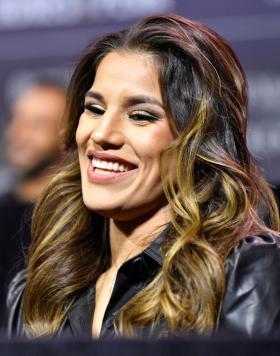 Julianna Pena is seen on stage during the UFC 269 press conference at MGM Grand Garden Arena on December 09, 2021 in Las Vegas, Nevada. (Photo by Chris Unger/Zuffa LLC)