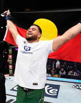 Tai Tuivasa of Australia celebrates after defeating Augusto Sakai of Brazil in their heavyweight bout during the UFC 269 on December 11, 2021 in Las Vegas, Nevada. (Photo by Jeff Bottari/Zuffa LLC)