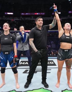 Casey O'Neill of United Kingdom reacts after defeating Roxanne Modafferi in their flyweight fight during the UFC 271 event at Toyota Center on February 12, 2022 in Houston, Texas. (Photo by Josh Hedges/Zuffa LLC)