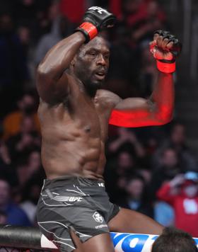 Jared Cannonier reacts after defeating Derek Brunson in their middleweight fight during the UFC 271 event at Toyota Center on February 12, 2022 in Houston, Texas. (Photo by Josh Hedges/Zuffa LLC)
