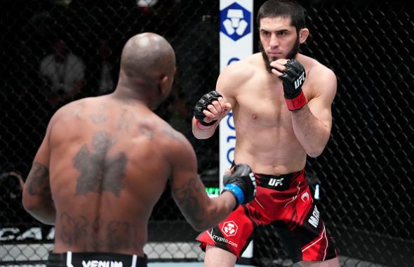Islam Makhachev of Russia battles Bobby Green in their lightweight fight during the UFC Fight Night event at UFC APEX on February 26, 2022 in Las Vegas, Nevada. (Photo by Chris Unger/Zuffa LLC)