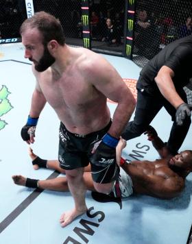 Azamat Murzakanov of Russia reacts after knocking out Tafon Nchukwi of Cameroon in their light heavyweight fight during the UFC Fight Night event at UFC APEX on March 12, 2022 in Las Vegas, Nevada. (Photo by Chris Unger/Zuffa LLC)