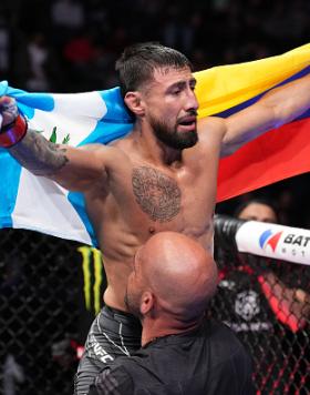 Chris Gutierrez celebrates his TKO victory over Batgerel Danaa of Mongolia in a bantamweight fight during the UFC Fight Night event at Nationwide Arena on March 26, 2022 in Columbus, Ohio. (Photo by Josh Hedges/Zuffa LLC)