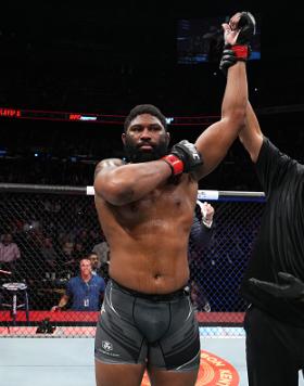 Curtis Blaydes celebrates his victory over Chris Daukaus in a heavyweight fight during the UFC Fight Night event at Nationwide Arena on March 26, 2022 in Columbus, Ohio. (Photo by Josh Hedges/Zuffa LLC)