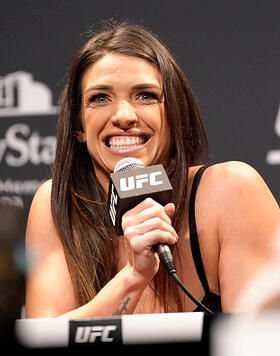 Mackenzie Dern is seen on stage during the UFC 273 press conference on April 07, 2022 in Jacksonville, Florida. (Photo by Jeff Bottari/Zuffa LLC)