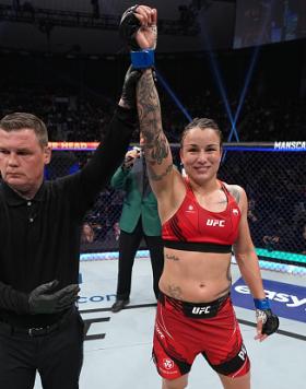 Raquel Pennington reacts after her decision victory over Aspen Ladd in their bantamweight fight during the UFC 273 event at VyStar Veterans Memorial Arena on April 09, 2022 in Jacksonville, Florida. (Photo by Jeff Bottari/Zuffa LLC)