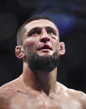 Khamzat Chimaev of Russia looks on after his welterweight fight against Gilbert Burns of Brazil during the UFC 273 event at VyStar Veterans Memorial Arena on April 09, 2022 in Jacksonville, Florida. (Photo by James Gilbert/Getty Images)