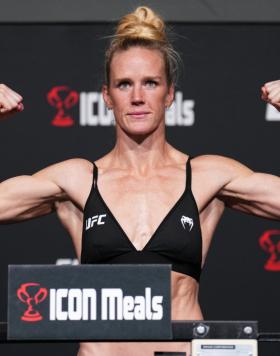 Holly Holm poses on the scale during the UFC weigh-in at UFC APEX on May 20, 2022 in Las Vegas, Nevada. (Photo by Chris Unger/Zuffa LLC)