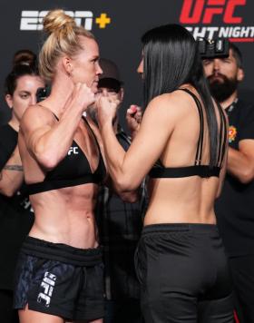 Holly Holm and Ketlen Vieira of Brazil face off during the UFC weigh-in at UFC APEX on May 20, 2022 in Las Vegas, Nevada. (Photo by Chris Unger/Zuffa LLC)