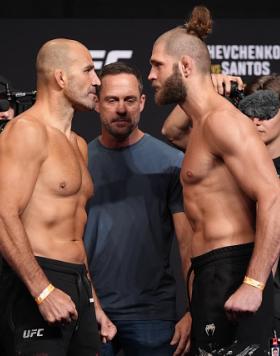 Opponents Glover Teixeira of Brazil and Jiri Prochazka of Czech Republic \fo during the UFC 275 weigh-in at Singapore Indoor Stadium on June 10, 2022 in Singapore. (Photo by Jeff Bottari/Zuffa LLC)