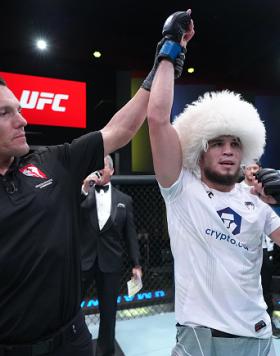 Umar Nurmagomedov of Russia reacts after his victory over Nate Maness in a bantamweight fight during the UFC Fight Night event at UFC APEX on June 25, 2022 in Las Vegas, Nevada. (Photo by Jeff Bottari/Zuffa LLC)