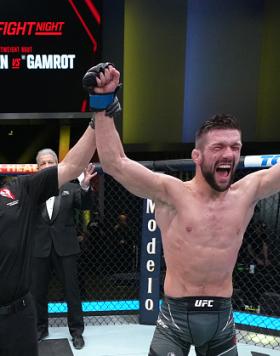 Mateusz Gamrot of Poland reacts after his victory over Arman Tsarukyan of Georgia in a lightweight fight during the UFC Fight Night event at UFC APEX on June 25, 2022 in Las Vegas, Nevada. (Photo by Jeff Bottari/Zuffa LLC)