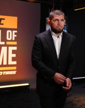 Khabib Nurmagomedov prepares to take the stage during the UFC Hall of Fame induction ceremony at T-Mobile Arena on June 30, 2022 in Las Vegas, Nevada. (Photo by Chris Unger/Zuffa LLC)