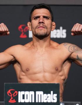 Rafael Dos Anjos of Brazil poses on the scale during the UFC Fight Night weigh-in at UFC APEX on July 08, 2022 in Las Vegas, Nevada. (Photo by Chris Unger/Zuffa LLC)