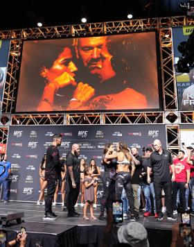 A general view as (L-R) Julianna Pena and Amanda Nunes of Brazil face off during the UFC 277 ceremonial weigh-in at American Airlines Center on July 29, 2022 in Dallas, Texas. (Photo by Chris Unger/Zuffa LLC)