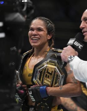 Amanda Nunes of Brazil reacts after defeating Julianna Pena in the UFC bantamweight championship fight during the UFC 277 event at American Airlines Center on July 30, 2022 in Dallas, Texas. (Photo by Chris Unger/Zuffa LLC)