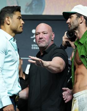 Paulo Costa of Brazil and Luke Rockhold face off during the UFC 278 press conference at Vivint Arena on August 18, 2022 in Salt Lake City, Utah. (Photo by Josh Hedges/Zuffa LLC)