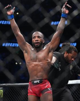Leon Edwards of Jamaica reacts after defeating Kamaru Usman of Nigeria by KO in the UFC welterweight championship fight during the UFC 278 event at Vivint Arena on August 20 2022 in Salt Lake City Utah (Photo by Chris Unger/Zuffa LLC)