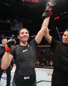 Irene Aldana of Mexico reacts after her victory over Macy Chiasson in a 140-pound catchweight fight during the UFC 279 event at T-Mobile Arena on September 10, 2022 in Las Vegas, Nevada. (Photo by Jeff Bottari/Zuffa LLC)