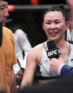 UFC Strawweight Yan Xiaonan Reacts With Paul Felder After Her Decision Victory Over Mackenzie Dern At UFC Fight Night: Dern vs Yan on October 1, 2022