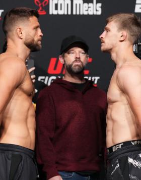 Calvin Kattar and Arnold Allen of England face off during the UFC weigh-in at UFC APEX on October 28, 2022 in Las Vegas, Nevada. (Photo by Chris Unger/Zuffa LLC)