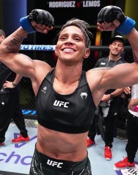 Amanda Lemos of Brazil reacts after her knockout victory over Marina Rodriguez of Brazil in a strawweight fight during the UFC Fight Night event at UFC APEX on November 05, 2022 in Las Vegas, Nevada. (Photo by Chris Unger/Zuffa LLC)