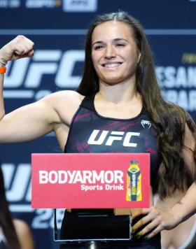 Erin Blanchfield poses on the scale during the UFC 281 ceremonial weigh-in at Radio City Music Hall on November 11, 2022 in New York City. (Photo by Jeff Bottari/Zuffa LLC)