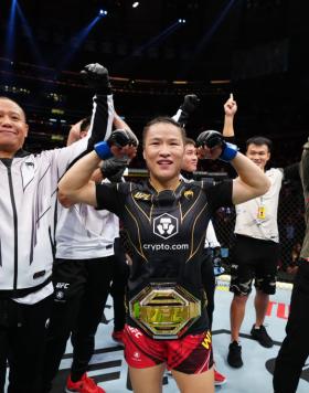 Zhang Weili of China reacts after defeating Carla Esparza in the UFC strawweight championship bout during the UFC 281 event at Madison Square Garden on November 12, 2022 in New York City. (Photo by Jeff Bottari/Zuffa LLC)
