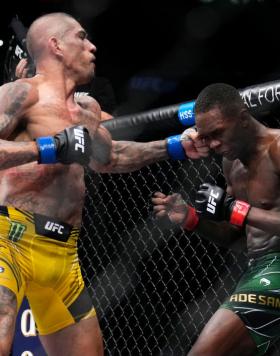 Alex Pereira of Brazil punches Israel Adesanya of Nigeria in the UFC middleweight championship bout during the UFC 281 event at Madison Square Garden on November 12, 2022 in New York City. (Photo by Chris Unger/Zuffa LLC)