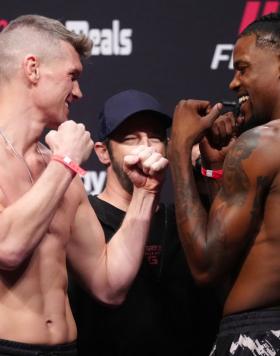 Stephen Thompson and Kevin Holland face off during the UFC Fight Night ceremonial weigh-in at Amway Center on December 02, 2022 in Orlando, Florida. (Photo by Jeff Bottari/Zuffa LLC)