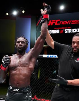 Jared Cannonier reacts after his split-decision victory over Sean Strickland in a middleweight fight during the UFC Fight Night event at UFC APEX on December 17, 2022 in Las Vegas, Nevada. (Photo by Chris Unger/Zuffa LLC)