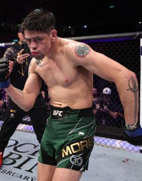 Brandon Moreno of Mexico reacts after his victory over Deiveson Figueiredo of Brazil in the UFC flyweight championship fight during the UFC 283 event at Jeunesse Arena on January 21, 2023 in Rio de Janeiro, Brazil. (Photo by Buda Mendes/Zuffa LLC)