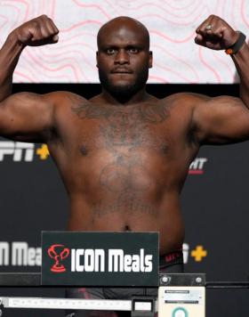 Derrick Lewis poses on the scale during the UFC weigh-in at UFC APEX on February 03, 2023 in Las Vegas, Nevada. (Photo by Jeff Bottari/Zuffa LLC)