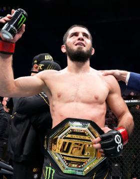 Islam Makhachev of Russia reacts after his victory over Alexander Volkanovski of Australia in the UFC lightweight championship fight during the UFC 284 event at RAC Arena on February 12, 2023 in Perth, Australia. (Photo by Chris Unger/Zuffa LLC)