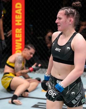 Erin Blanchfield reacts after her submission victory over Jessica Andrade of Brazil in a flyweight fight during the UFC Fight Night event at UFC APEX on February 18, 2023 in Las Vegas, Nevada. (Photo by Jeff Bottari/Zuffa LLC)