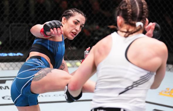 Tatiana Suarez kicks Montana De La Rosa in a flyweight fight during the UFC Fight Night event at UFC APEX on February 25, 2023 in Las Vegas, Nevada. (Photo by Chris Unger/Zuffa LLC)