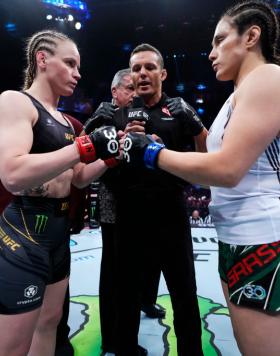 Opponents Valentina Shevchenko of Kyrgyzstan and Alexa Grasso of Mexico face off prior to the UFC flyweight championship fight during the UFC 285 event at T-Mobile Arena on March 04, 2023 in Las Vegas, Nevada. (Photo by Jeff Bottari/Zuffa Getty Images)