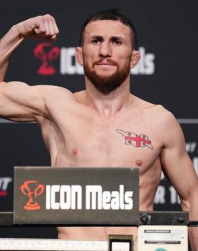 Merab Dvalishvili of Georgia poses on the scale during the UFC Fight Night weigh-in at UFC APEX on March 10, 2023 in Las Vegas, Nevada. (Photo by Chris Unger/Zuffa LLC)