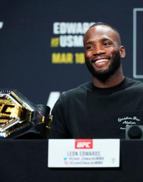 Leon Edwards of Jamaica is seen on stage during the UFC 286 press conference at Magazine London on March 16, 2023 in London, England. (Photo by Jeff Bottari/Zuffa LLC)