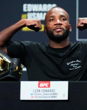 Leon Edwards of Jamaica is seen on stage during the UFC 286 press conference at Magazine London on March 16, 2023 in London, England. (Photo by Jeff Bottari/Zuffa LLC)