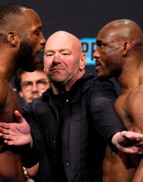 Leon Edwards of Jamaica and Kamaru Usman of Nigeria face off during the UFC 286 ceremonial weigh-in at The O2 Arena on March 17, 2023 in London, England. (Photo by Jeff Bottari/Zuffa LLC)