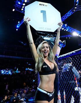 UFC Octagon Girl Carly Baker introduces a round during the UFC 286 event at The O2 Arena on March 18, 2023 in London, England. (Photo by Jeff Bottari/Zuffa LLC)