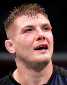 Marvin Vettori of Italy reacts after his victory over Roman Dolidze of Georgia in a middleweight fight during the UFC 286 event at The O2 Arena on March 18, 2023 in London, England. (Photo by Jeff Bottari/Zuffa LLC)