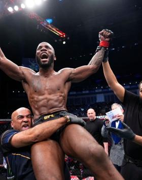 Leon Edwards of Jamaica reacts after defeating Kamaru Usman of Nigeria in the UFC welterweight championship fight during the UFC 286 event at The O2 Arena on March 18, 2023 in London, England. (Photo by Jeff Bottari/Zuffa LLC)
