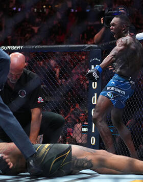 Israel Adesanya of Nigeria reacts after knocking out Alex Pereira of Brazil in the UFC middleweight championship fight during the UFC 287 event at Kaseya Center on April 08, 2023 in Miami, Florida. (Photo by Cooper Neill/Zuffa LLC)