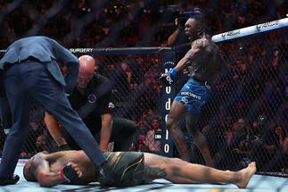 Israel Adesanya of Nigeria reacts after knocking out Alex Pereira of Brazil in the UFC middleweight championship fight during the UFC 287 event at Kaseya Center on April 08, 2023 in Miami, Florida. (Photo by Cooper Neill/Zuffa LLC)