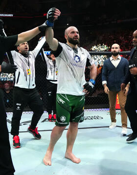 Azamat Murzakanov of Russia reacts after defeating Dustin Jacoby in a light heavyweight fight during the UFC Fight Night event at T-Mobile Center on April 15, 2023 in Kansas City, Missouri. (Photo by Josh Hedges/Zuffa LLC)