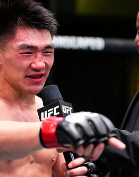 Song Yadong of China reacts after his TKO victory over Ricky Simon in a bantamweight fight during the UFC Fight Night event at UFC APEX on April 29, 2023 in Las Vegas, Nevada. (Photo by Jeff Bottari/Zuffa LLC)