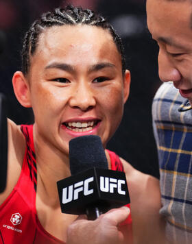 Yan Xiaonan of China reacts after her knockout victory over Jessica Andrade of Brazil in a strawweight fight during the UFC 288 event at Prudential Center on May 06, 2023 in Newark, New Jersey. (Photo by Chris Unger/Zuffa LLC)